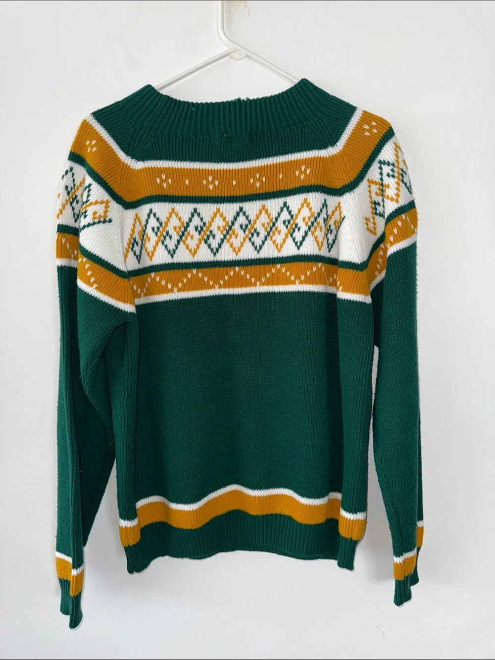 Vintage 1970s Nordic Ski Sweater Green Gold White Geometric Fair Isle Large - Picture 3 of 6